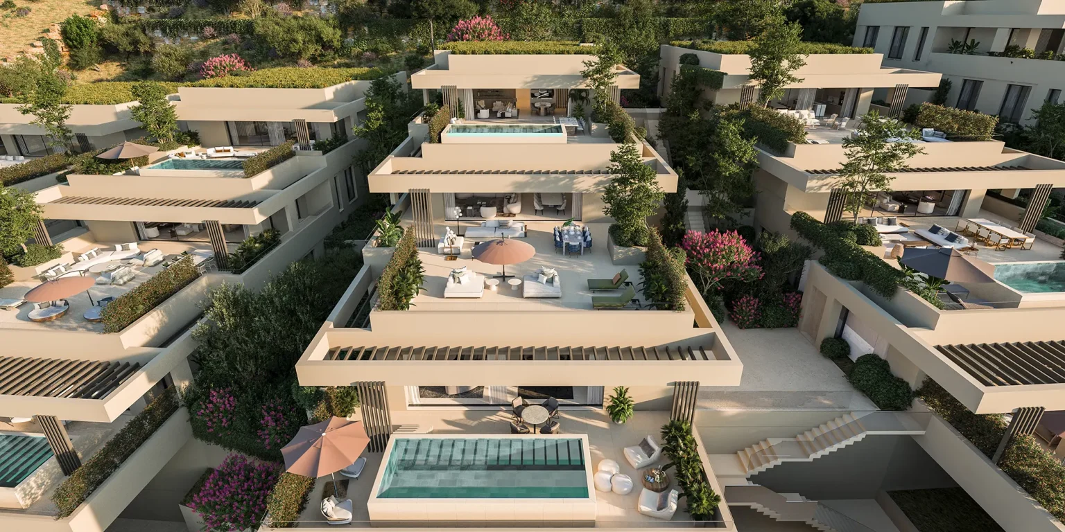 Front view of Sky Villas showing terraces and pools